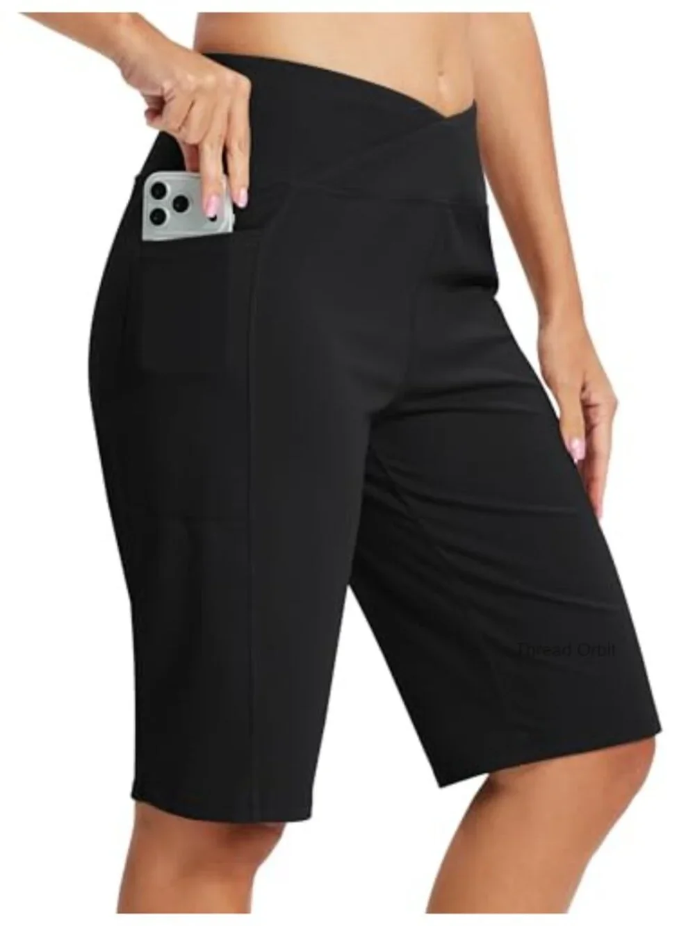 Women's High Waisted Knee Length Bermuda Athletic Shorts with Pockets